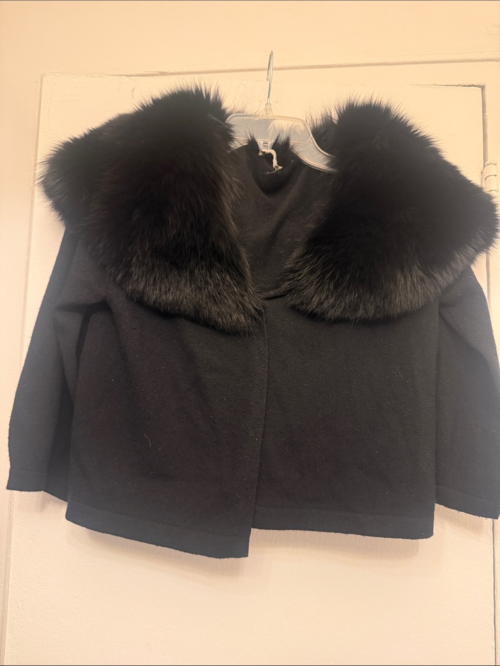 White + Warren Black Wool Cropped Jacket with Plush Fur Collar